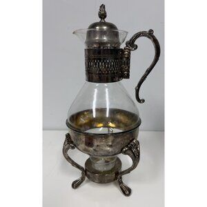 VTG Silver Plated Glass Coffee Tea Caraffe W/ Warming Stand MCM Grandmillennial